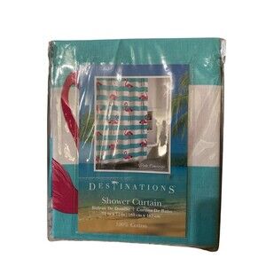 Destinations Shower Curtain Pink Flamingo 72" x 72" Striped White Blue Pink